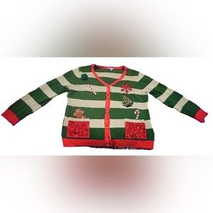 Christmas Festive Green  Gold and Red Striped Cardigan women XL